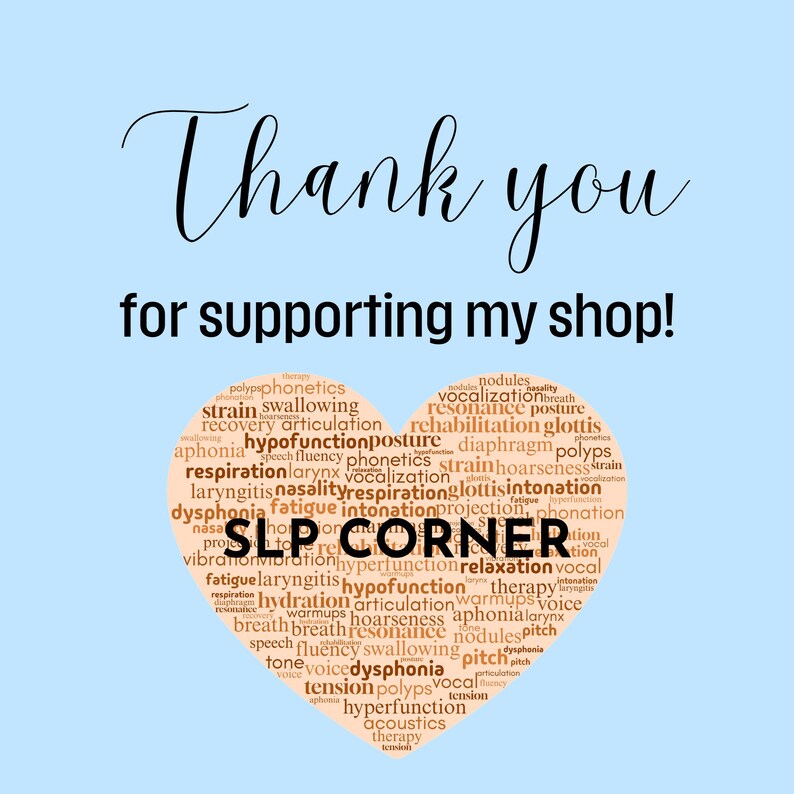 Op de afbeelding: Een lichtblauwe afbeelding met de woorden "Thank you for supporting my shop!" in zwart script. Een hartvormige afbeelding in het midden bevat de tekst "SLP CORNER" en gerelateerde termen.