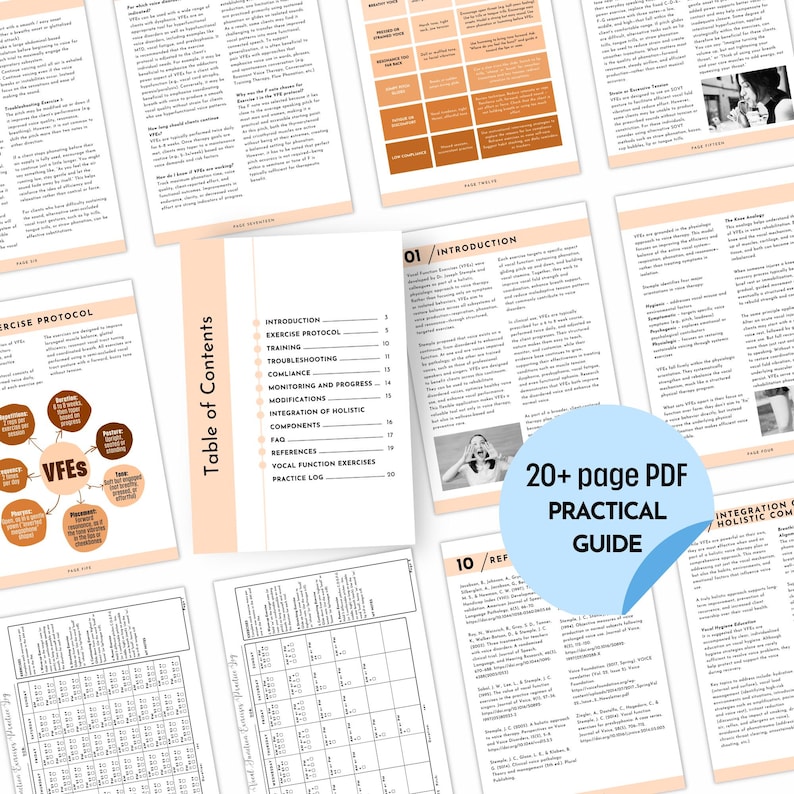 Op de afbeelding: Een verzameling open pagina's uit een PDF-gids, met tekst en diagrammen. De pagina's zijn wit met zwarte tekst, en sommige hebben oranje en bruine accenten. Een blauwe sticker leest "20+ page PDF PRACTICAL GUIDE". De gids behandelt stemfunctie-oefeningen.