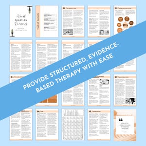 Op de afbeelding: Een gids getiteld "Vocal Function Exercises" met meerdere pagina's. De pagina's zijn wit met zwarte tekst, diagrammen en afbeeldingen. Een blauwe banner over de pagina's luidt "PROVIDE STRUCTURED, EVIDENCE-BASED THERAPY WITH EASE."