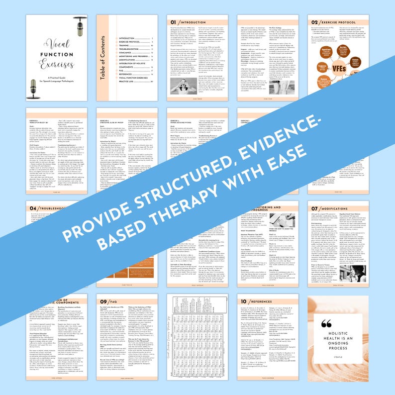 Op de afbeelding: Een gids getiteld "Vocal Function Exercises" met meerdere pagina's. De pagina's zijn wit met zwarte tekst, diagrammen en afbeeldingen. Een blauwe banner over de pagina's luidt "PROVIDE STRUCTURED, EVIDENCE-BASED THERAPY WITH EASE."