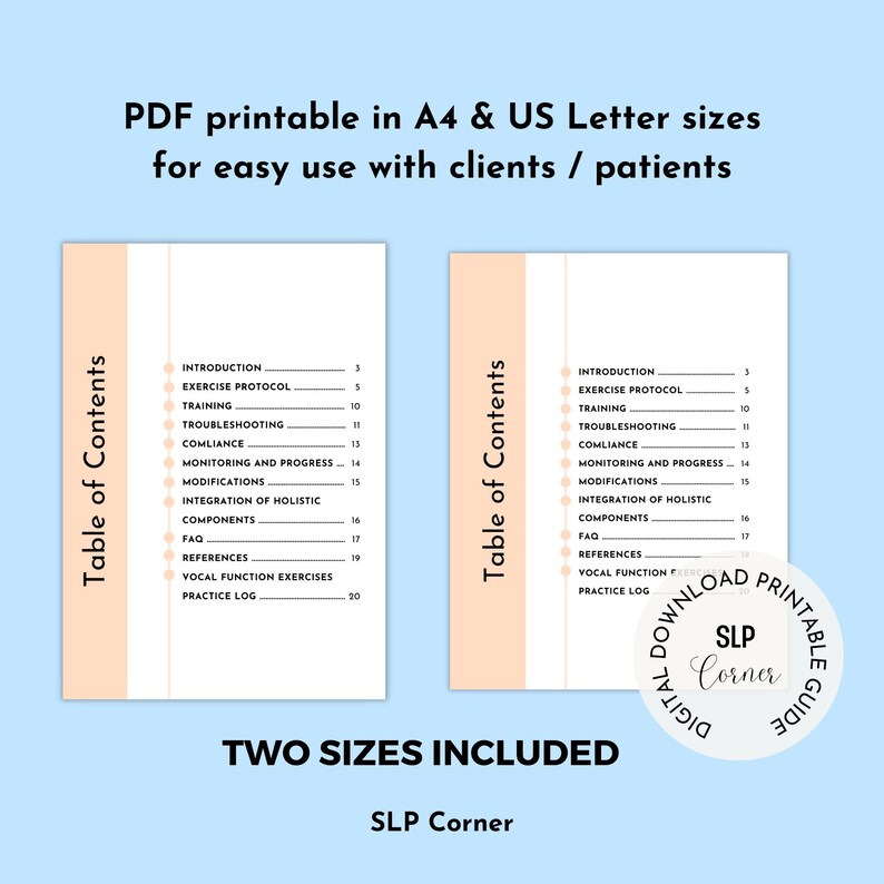 Op de afbeelding: Een digitale, printbare gids voor logopedie, verkrijgbaar in A4- en US Letter-formaten. Het ontwerp bevat een inhoudsopgave en een cirkelvormig logo met de tekst "SLP Corner".