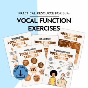 Può includere: Una raccolta di guide stampabili per esercizi di funzione vocale per logopedisti. Le guide presentano testo e illustrazioni su sfondi bianchi, con titoli come "Reminders for Vocal Function Exercises" e "Improve Voice with Vocal Function Exercises."