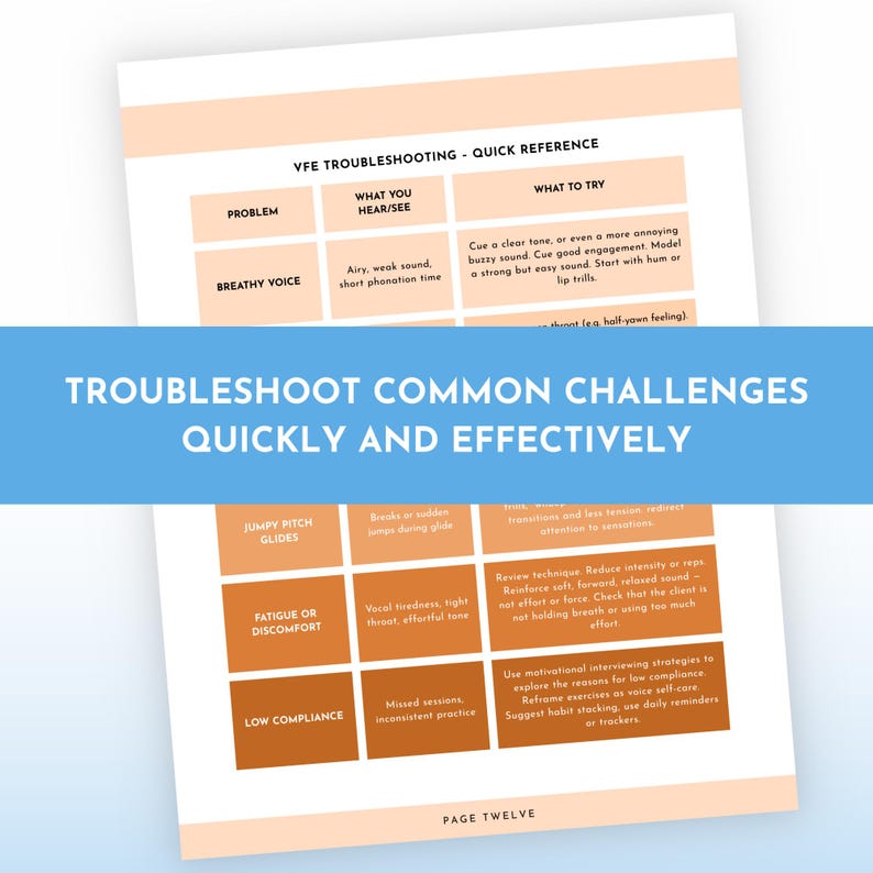 Op de afbeelding: Een snelle referentiegids getiteld "VFE Troubleshooting" met een lichtoranje en wit kleurenschema. De gids bevat tips voor het oplossen van veelvoorkomende problemen, met de tekst "Troubleshoot Common Challenges Quickly and Effectively" in een blauwe banner.