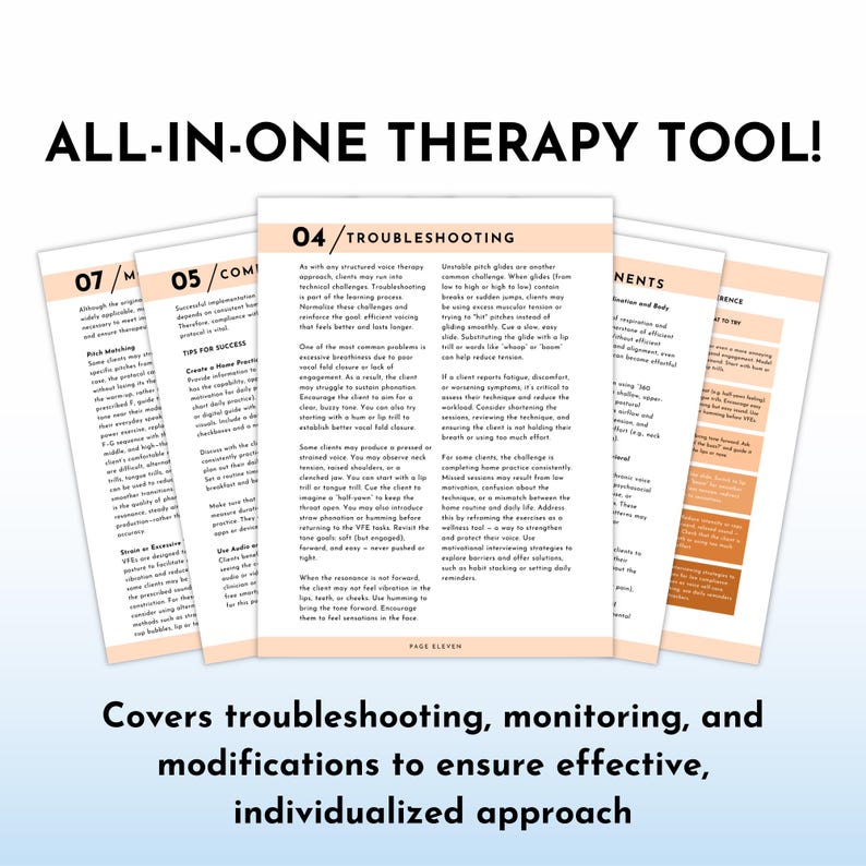 Op de afbeelding: Een stapel bedrukte pagina's met tekst, getiteld "ALL-IN-ONE THERAPY TOOL!". De pagina's behandelen probleemoplossing, monitoring en aanpassingen voor een individuele aanpak. De tekst bevat "TIPS FOR SUCCESS" en "TROUBLESHOOTING".