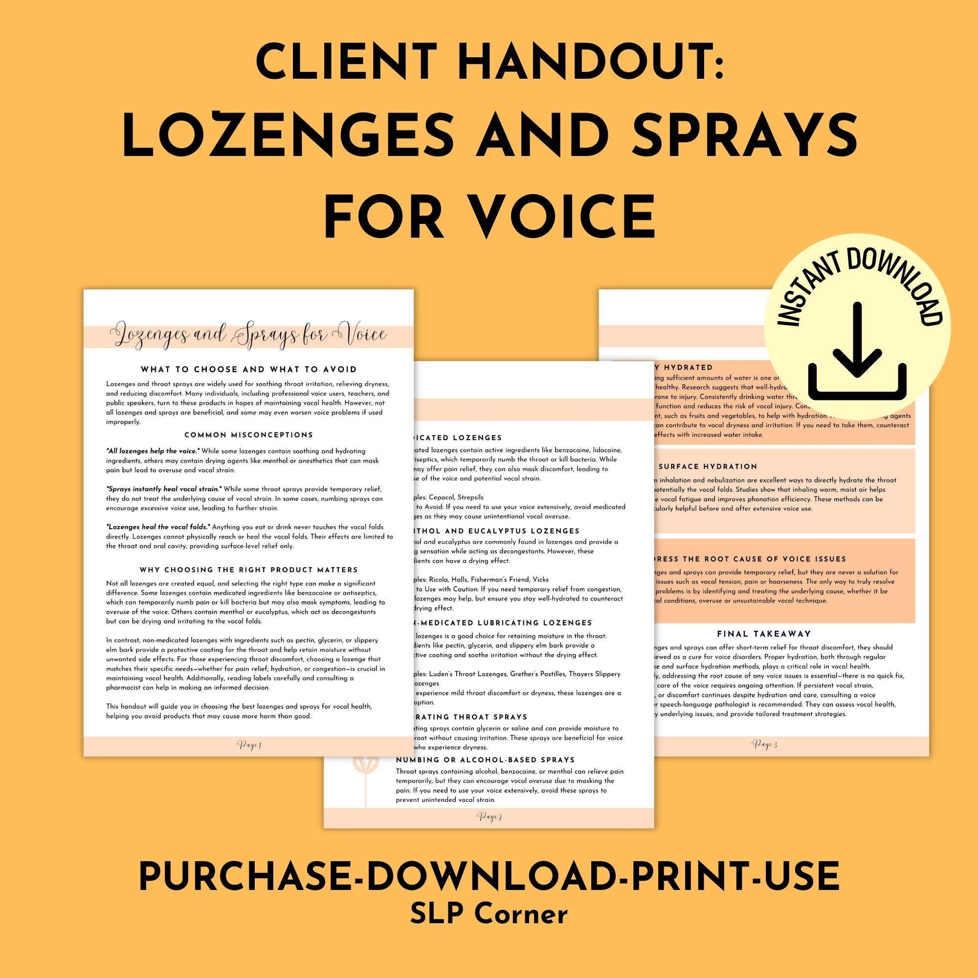 Lozenges for Voice Patient Handout | SLP Speech Therapy Worksheets | Speech Pathology Counseling Therapy Tools | Therapy Handout