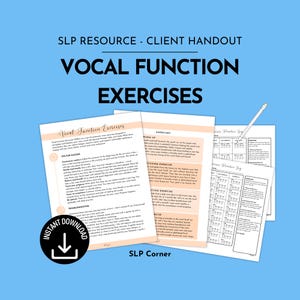 Puede incluir: Fondo azul con el texto "SLP RESOURCE - CLIENT HANDOUT" y "VOCAL FUNCTION EXERCISES". Se muestran varias páginas blancas con texto y gráficos, junto con un lápiz. Un icono de "INSTANT DOWNLOAD" está en la parte inferior izquierda.