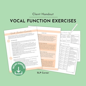 Puede incluir: Un conjunto de folletos impresos de ejercicios de función vocal y un registro de práctica con texto negro sobre papel blanco, con encabezados color melocotón y un icono circular verde de descarga instantánea con una flecha blanca y un bolígrafo.