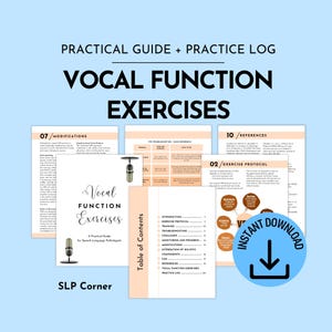 Puede incluir: Una colección de materiales impresos titulados "Ejercicios de la función vocal" y "Guía práctica + Registro de práctica". El diseño incluye un gráfico de micrófono y el texto "SLP Corner". También hay un círculo azul con las palabras "Descarga instantánea".