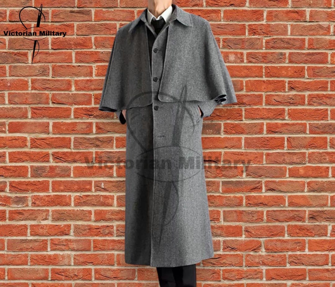 Men's Grey Wool Cape Overcoat: British Victorian Gothic Trench