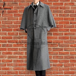 Men&#39;s Grey Long Wool Overcoat with Cape | Heavy Winter Warm Coat | British Victorian Style Trench | Gothic Cosplay Overcoat
