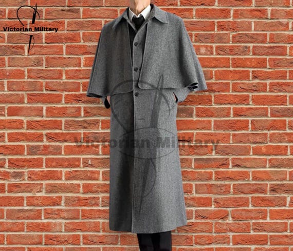 Men's Grey Wool Cape Overcoat: British Victorian Gothic Trench