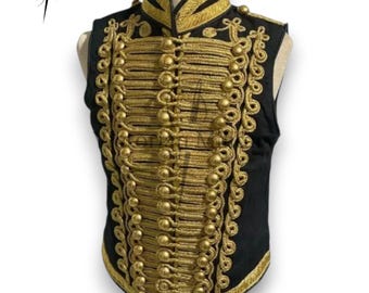 Chaleco de húsar hecho a mano: chaleco de lana negra con galón dorado