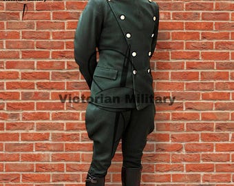 May include: A dark green military uniform with a double-breasted jacket featuring gold buttons and a high collar. The uniform includes matching breeches and tall black boots. The text "Victorian Military" is visible.