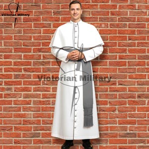 May include: A white Victorian military uniform with black trim and buttons. The uniform includes a cape, long coat, and a gray sash. The text "Victorian Military" is visible in the image.