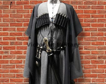 May include: A grey long-sleeved coat with a black cape overlay, featuring a white high-neck shirt underneath. The coat includes black cartridge holders across the chest, a black belt with a silver-accented dagger in a sheath, and a small pouch.