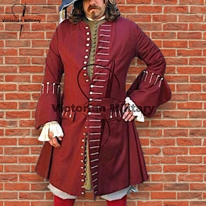 Handmade Burgundy Wool Frock Coat: 17th Century Victorian Pirate Jacket