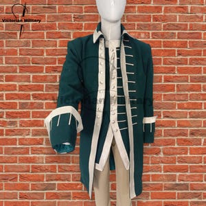 18th Century Regency Green Wool Frock Coat & Vest – Imperial Russian Military Style | Handmade Historical Outfit for Men and Women