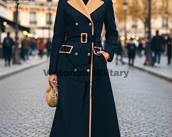 Women's Navy Wool Blend Military Coat, Victorian Style, Winter Trench