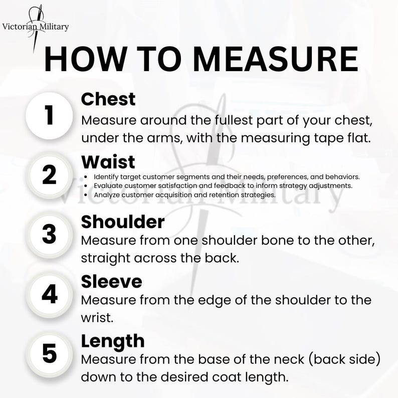 May include: A graphic with the text "HOW TO MEASURE" and numbered steps for taking measurements. Instructions include measuring chest, waist, shoulder, sleeve, and length. The Victorian Military logo is in the top left corner.