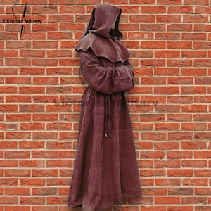 Handmade Maroon Wool Monk Robe with Hood: Medieval LARP Costume