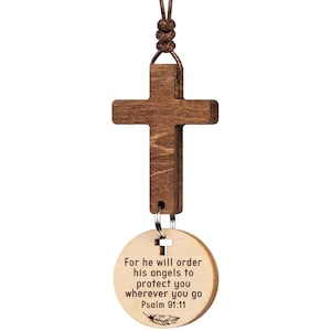 Wooden Cross Car Charm – “He Will Order His Angels” – Psalm 91:11 – Christian Rearview Mirror Accessory