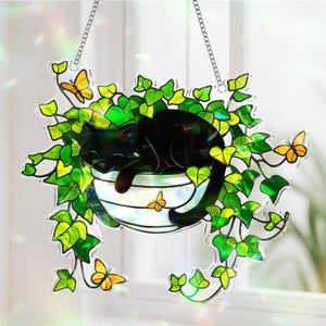 Stained Glass Look Sleeping Black Cat Suncatcher – Ivy Plant Window Hanging Ornament – Cute Cozy Cat Lover Decor