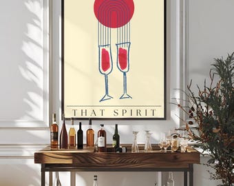 Arte del vino inspirado en la Bauhaus / Arte mural minimalista de cócteles, decoración de bar, estética moderna, arte mural de galería para el hogar, arte de cocina, vino, intenso, tinto