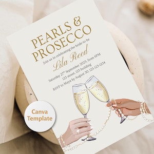Invitación de despedida de soltera con perlas y prosecco: invitación minimalista moderna, plantilla editable para brunch con burbujas