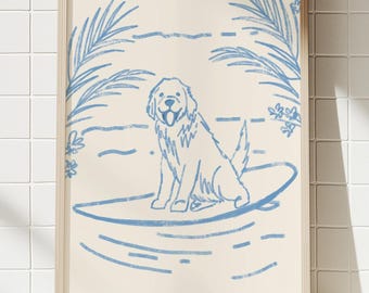 Surfhundposter - Surfing Retriever-konst | Strandväggkonst | Surfbrädeväggkonst | Digital nedladdning av väggkonst | Gåva för husdjursälskare