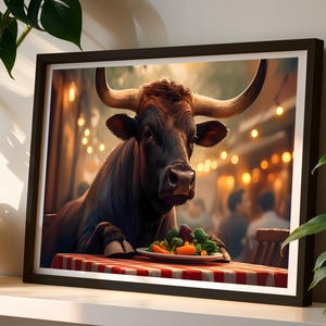 Rustykalny plakat w ramce z bykiem, sztuka ścienna w stylu wiejskim, wyjątkowy wystrój kuchni, prezent dla miłośników jedzenia, wystrój domu w stylu wiejskim, el toro hambriento, hiszpański