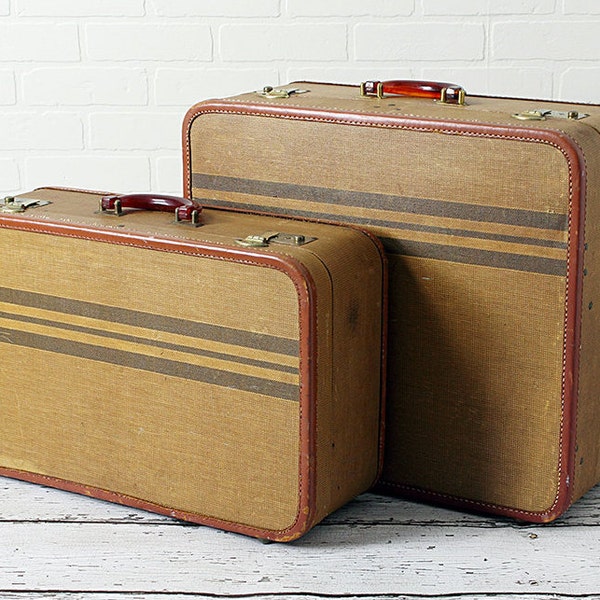 SALE - Pair Vintage Striped Suitcases - c. 1950s