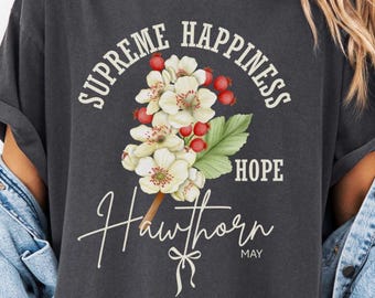 Camiseta unissex com flor de nascimento de espinheiro, camiseta floral de maio, presente botânico, camiseta amante da natureza, blusa obcecada por plantas