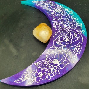Large Teal and Purple floral design crescent moon hanging