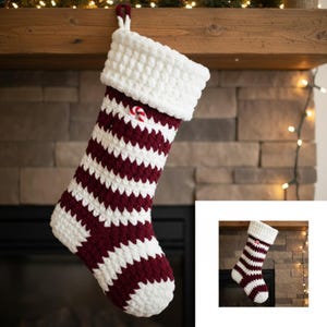 Gestreifte Weihnachtsstrumpf-Häkelanleitung, weinrot-weißer Chevron-Muster, rustikale Weihnachtsmanteldeko, grobstrick PDF-Anleitung