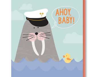 Ahoy Baby New Baby Card, Walrus Baby Shower Card, Cute Animal Baby Card, Nautical Themed Baby Shower Card, Card for New Parents