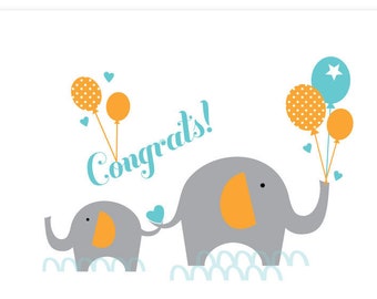 Cute Elephants Baby Card, Cute Animals Baby Card, Baby Card for Animal Lovers, Baby Animals Blank Card, Card for New Mom, Baby Shower Card