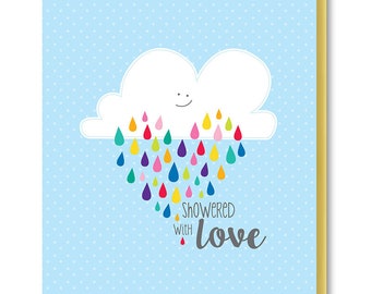Showered With Love Baby Shower Card, Happy Cloud New Baby Card, Card for Expectant Mother, Card for New Mom, Card for New Parents