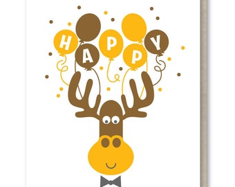 Happy Moose Birthday Card, Moose and Balloons Greeting Card, Animal Lover Greeting Card, Cute Animal Card, Moose Card