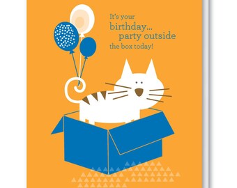 Cat in the Box Birthday Card, Cat Lover Birthday Card, Animal Lover Card, Cute Animal Birthday Card, Think Outside the Box Greeting Card