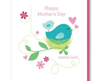 Mama Bird Mother's Day Card, Bird Mother's Day Card, Animal Lover Mother's Day Card, Mother's Day Card for Wife, Cute Animals Mother's Day