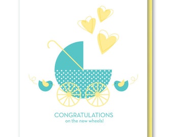 New Wheels Baby Card, Baby Carriage Baby Card, Card for New Parents, Card for New Mom, Baby Shower Blank Card, Expectant Mom Greeting Card