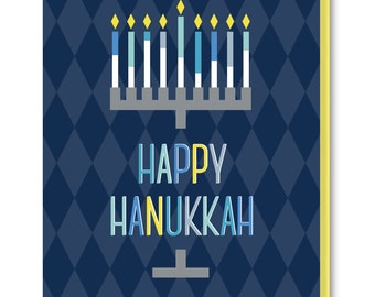 Happy Hanukkah Holiday Card, Blue Diamond Menorah Greeting Card, Blank Hanukkah Card, Religious Card