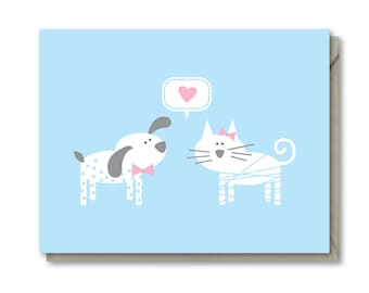 Dog and Cat Animal Attraction Wedding Card, Cute Animal Love Card, Pet Lovers Blank Greeting Card