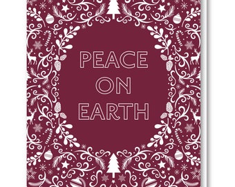 Ornate Wreath Holiday Card, Peace on Earth Christmas Card, Non Religious Christmas Card, General Winter Greeting Card