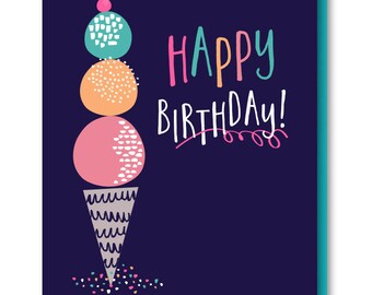 Ice Cream Cone Birthday Card, Three Scoops Birthday Card, Birthday Card for Her, Birthday Card for Kids, Sweet Treats Birthday Card