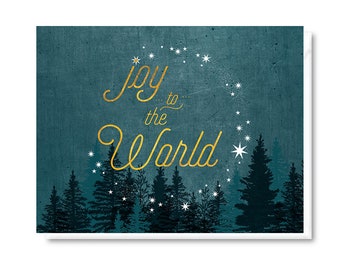 Joy to the World Holiday Card, Faux Foil Christmas Card, Starry Night Blank Card, Seasonal Winter Card