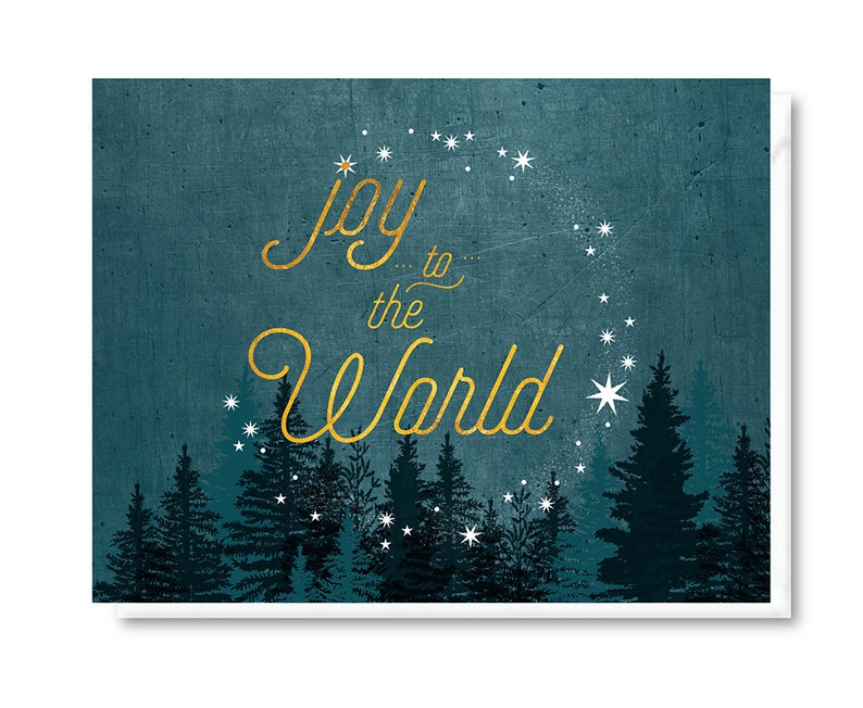 Joy to the World Holiday Card, Faux Foil Christmas Card, Starry Night Blank Card, Seasonal Winter Card image 1