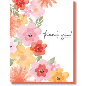 Watercolor Flowers Thank You Card, Watercolor Floral Blank Card, Thank You Card for Her, Painted Floral Greeting Card
