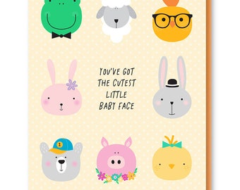 Baby Face New Baby Card, Animal Baby Shower Card, Cute Animal Baby Card, Card for New Parents, Animal Lovers Card