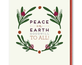 Peace On Earth Goodwill To All Holiday Card, Peace On Earth Wreath Christmas Card, Wreath Holiday Card, Non Religious Christmas Card
